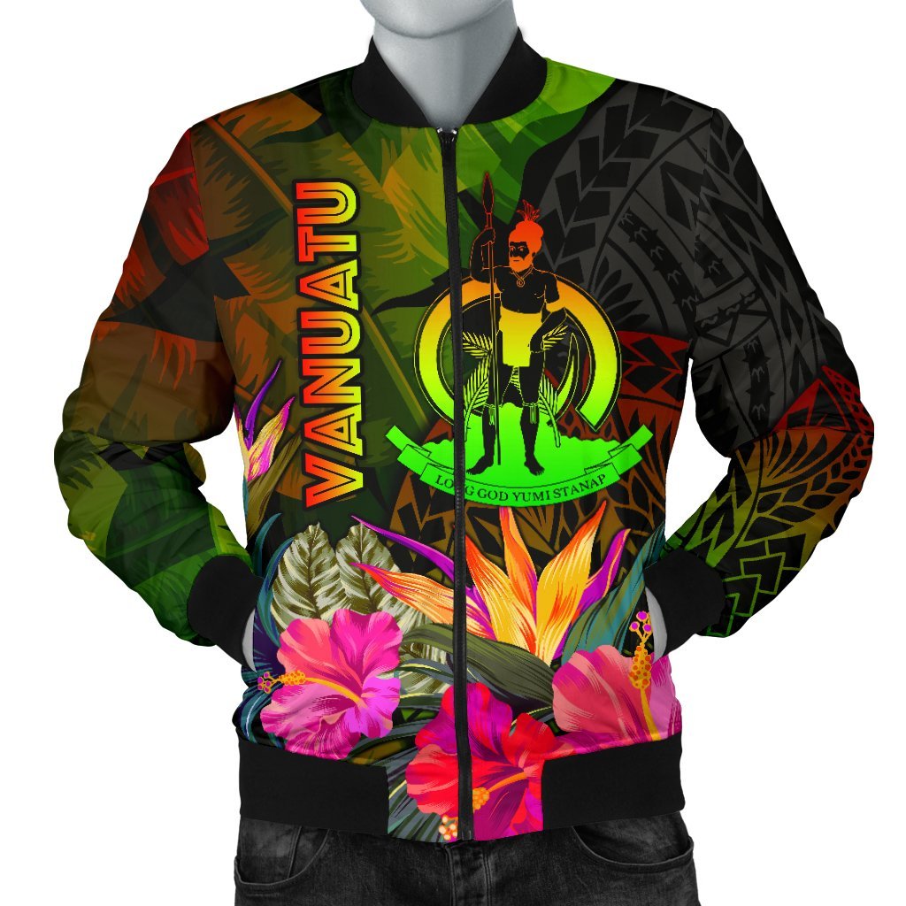 Vanuatu Polynesian Men's Bomber Jacket - Hibiscus and Banana Leaves Reggae - Polynesian Pride