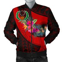 Pohnpei Men's Bomber Jacket - Polynesian Hook And Hibiscus (Red) Red - Polynesian Pride