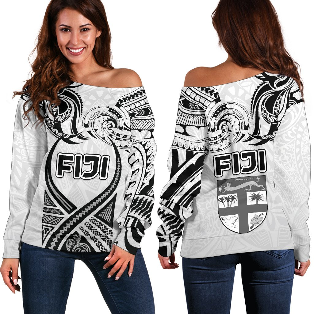 Fiji Rugby Women Off Shoulder Sweater Polynesian Waves Style White - Polynesian Pride