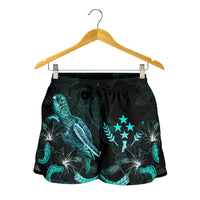 Kosrae Polynesian Women's Shorts - Turtle With Blooming Hibiscus Turquoise - Polynesian Pride
