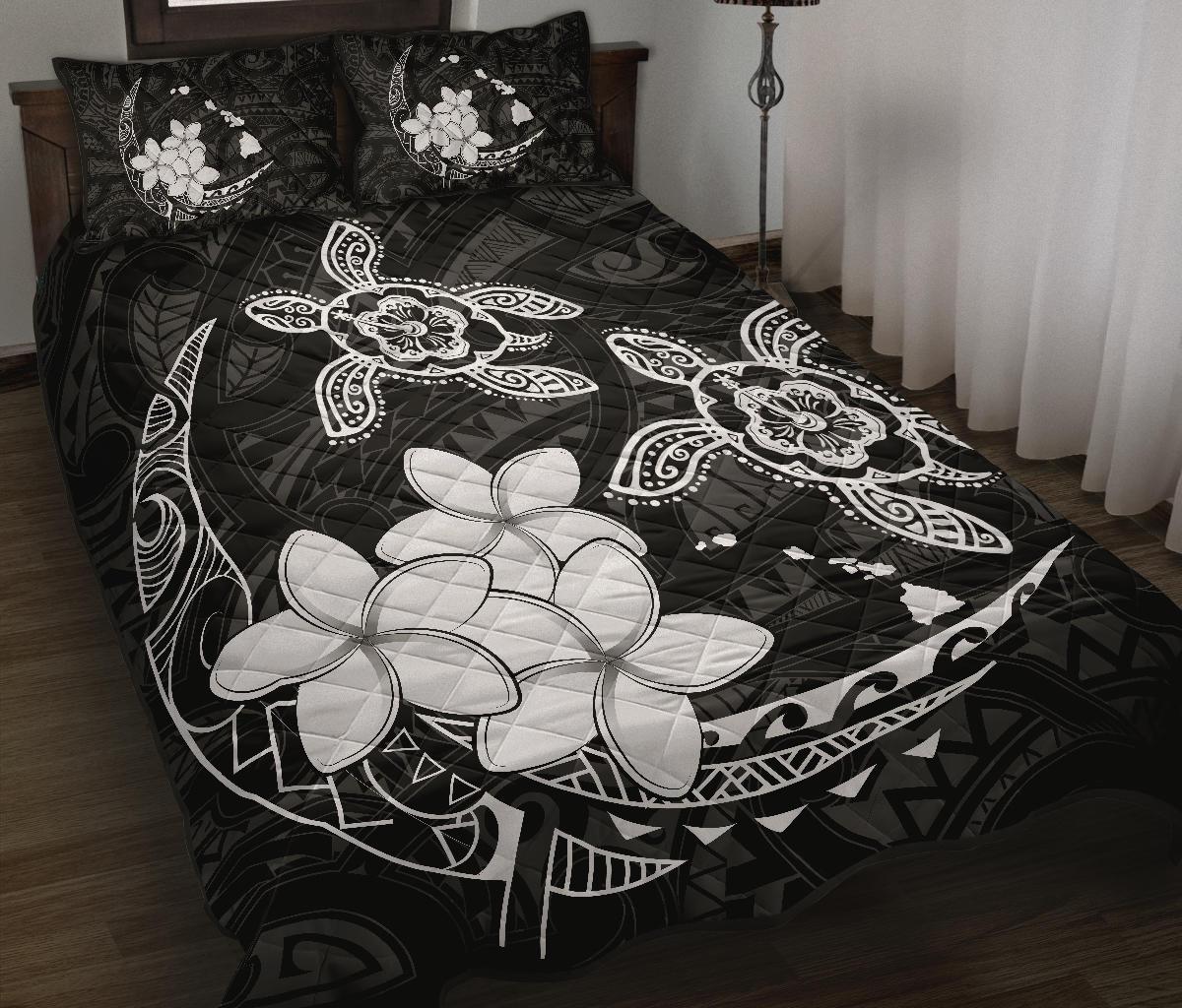 Hawaii Polynesian Turtle Plumeria Quilt Bed Set - Pog Style White - Polynesian Pride