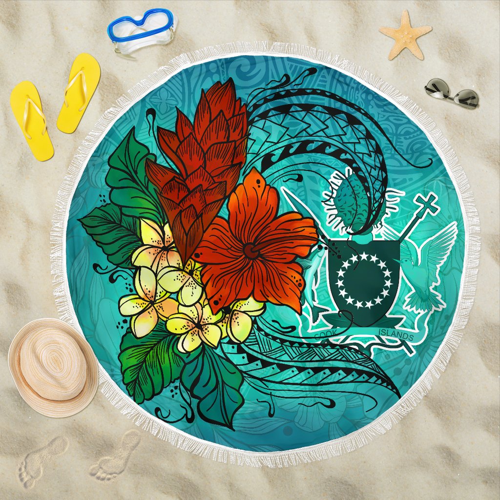 Cook Islands Beach Blanket - Tropical Flowers Style Beach Blanket - Cook Islands One Size Blue - Polynesian Pride