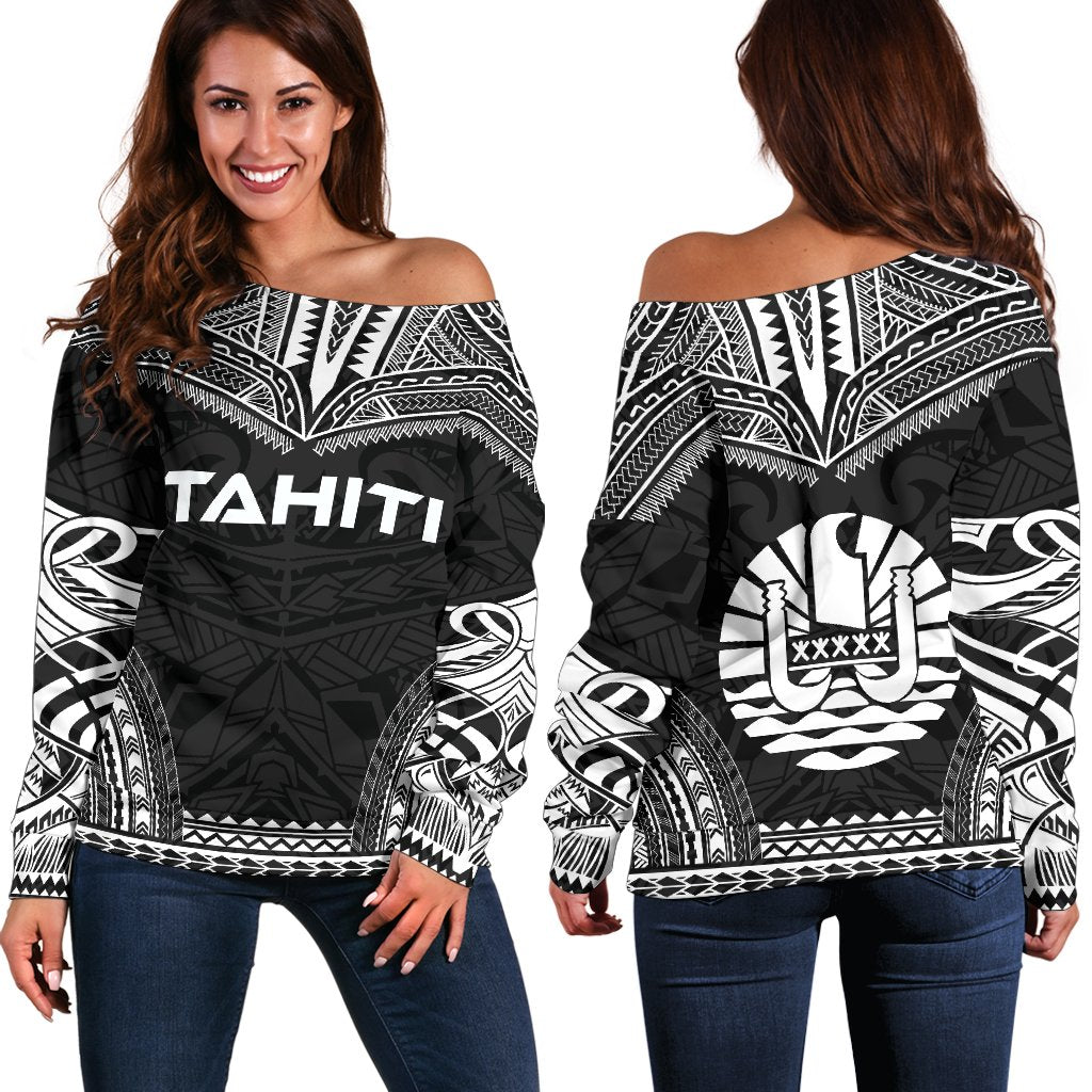 Tahiti Polynesian Chief Women's Off Shoulder Sweater - Black Version Black - Polynesian Pride