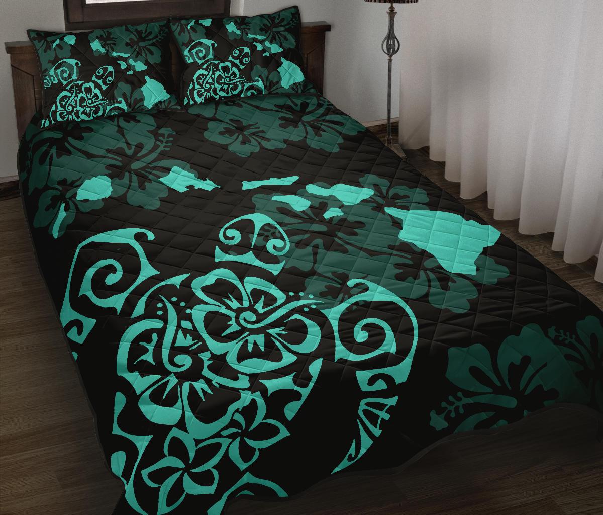 Turtle Hibiscus Map Turquoise Quilt Bed Set - Polynesian Pride
