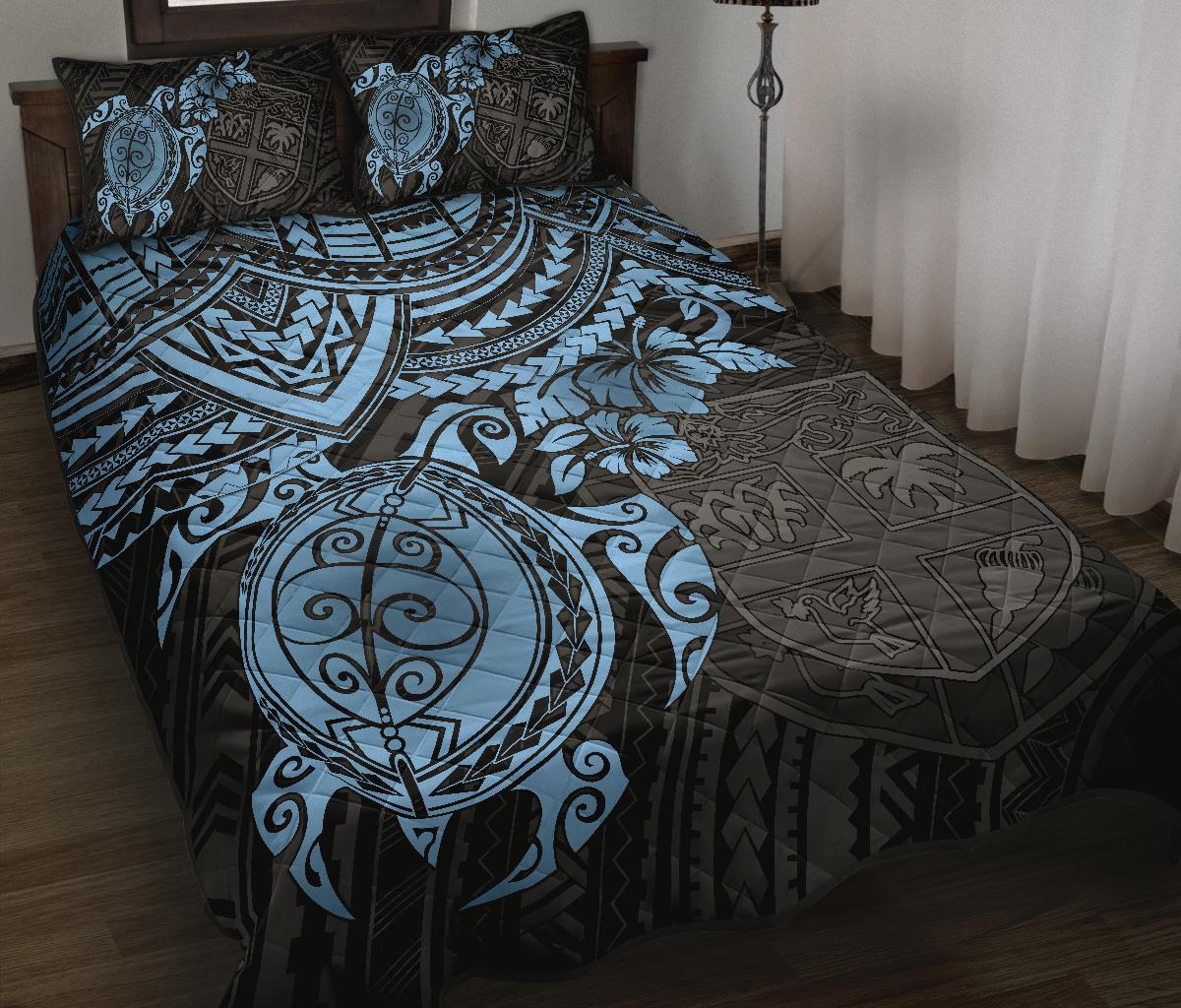 Fiji Polynesian Quilt Bed Set - Fiji Flag & Blue Turtle Hibiscus BLUE - Polynesian Pride