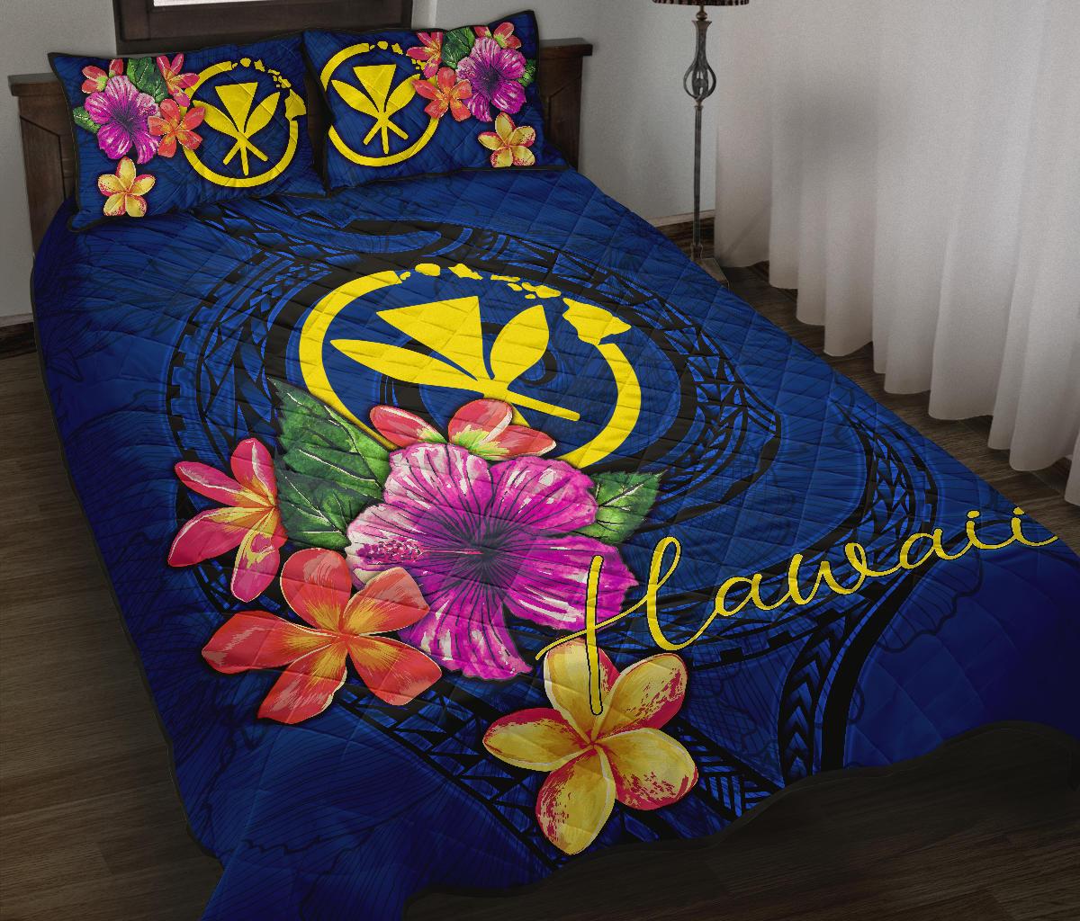 Hawaii Polynesian Quilt Bed Set - Floral With Seal Blue - Polynesian Pride