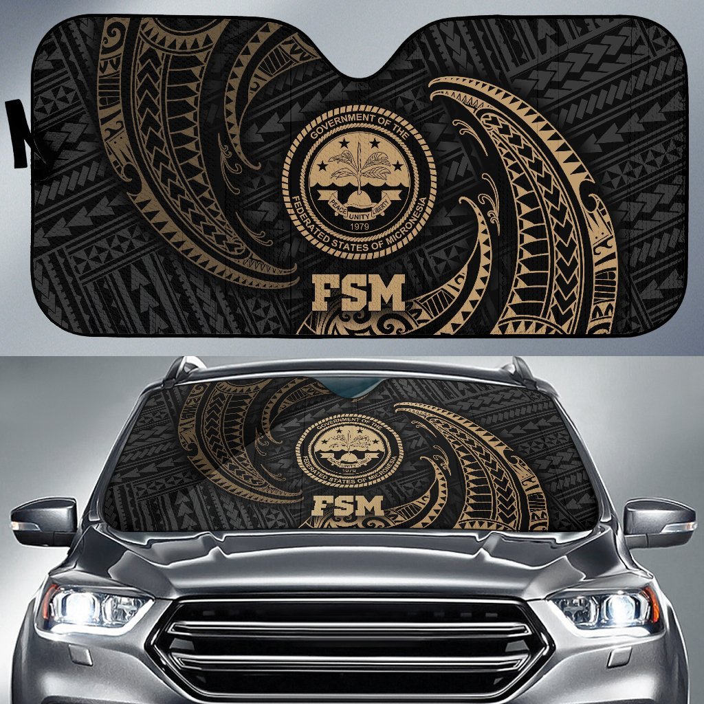 Polynesian Federated States of Micronesia Sun Shades - Gold Tribal Wave Auto Sun Shade Universal Fit Gold - Polynesian Pride