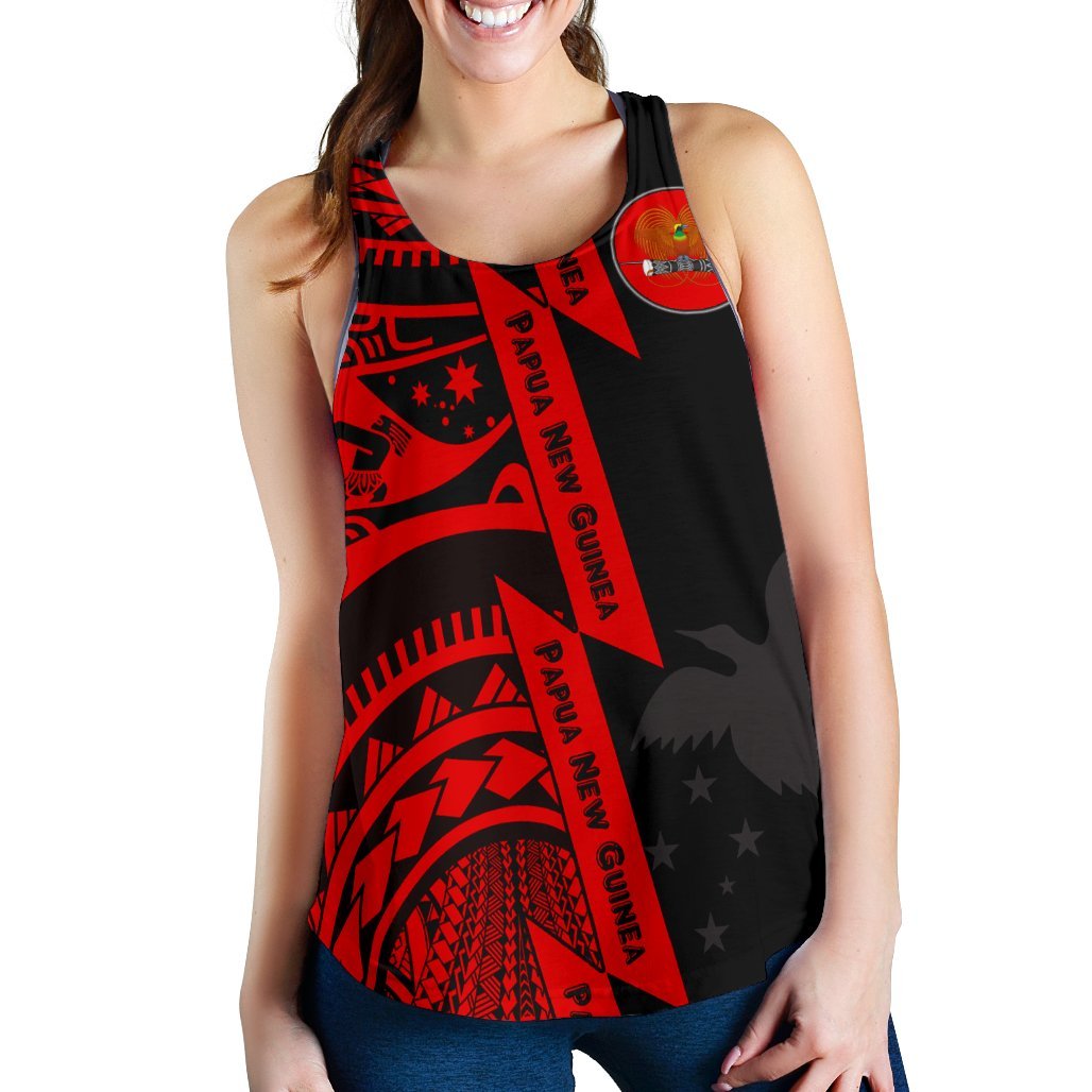 Polynesian Guinea Women's Racerback Tank - Moana Maui Tattoo With Coat Of Arm Guinea Red - Polynesian Pride