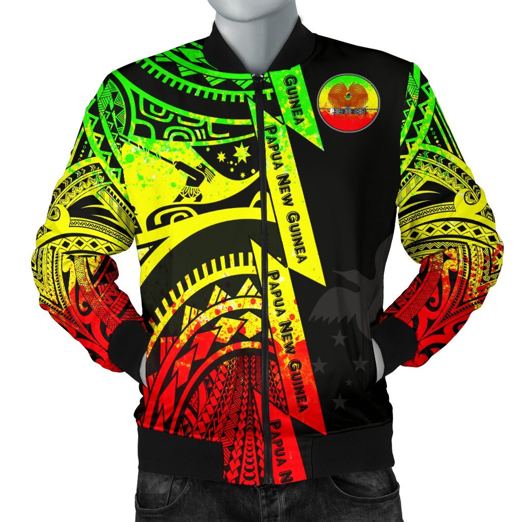 Polynesian Guinea Men's Bomber Jacket - Moana Maui Tattoo With Coat Of Arm Guinea Reggae - Polynesian Pride