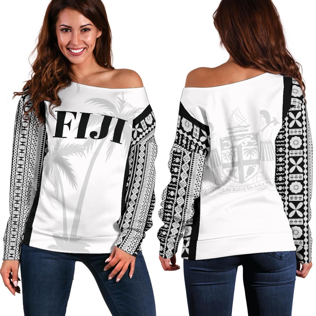 Fiji Tapa Women's Off Shoulder Sweater Coconut Tree Coat Of Arms Th5 White - Polynesian Pride