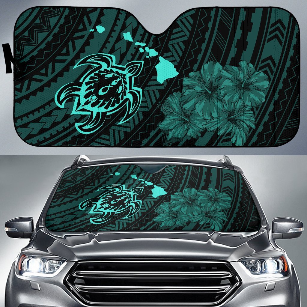 Hawaiian Hibiscus Sea Turtle Swim Polynesian Car Sun Shade - AH - Turquoise Auto Sun Shade Universal Fit Turquoise - Polynesian Pride