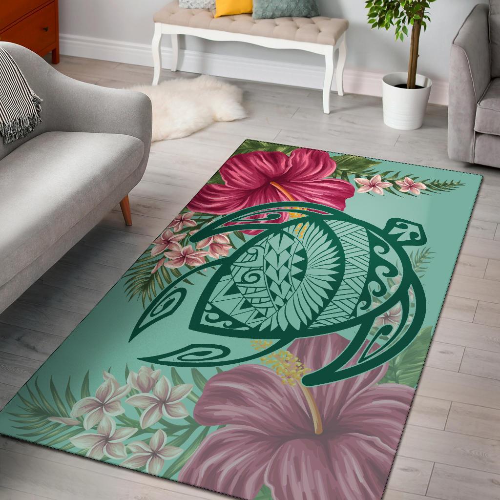 Hawaii Turtle Hibiscus Plumeria Rug - Hug Style Black - Polynesian Pride