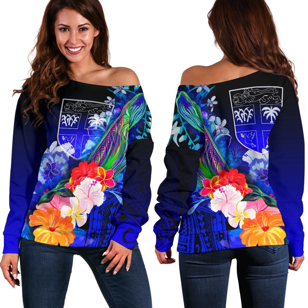 Fiji Women's Off Shoulder Sweater - Humpback Whale with Tropical Flowers (Blue) Blue - Polynesian Pride