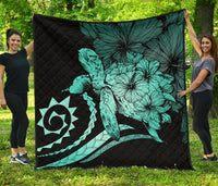 Hawaii Turtle Hibiscus Polynesian Vintage Premium Quilt - Turquoise Turquoise - Polynesian Pride