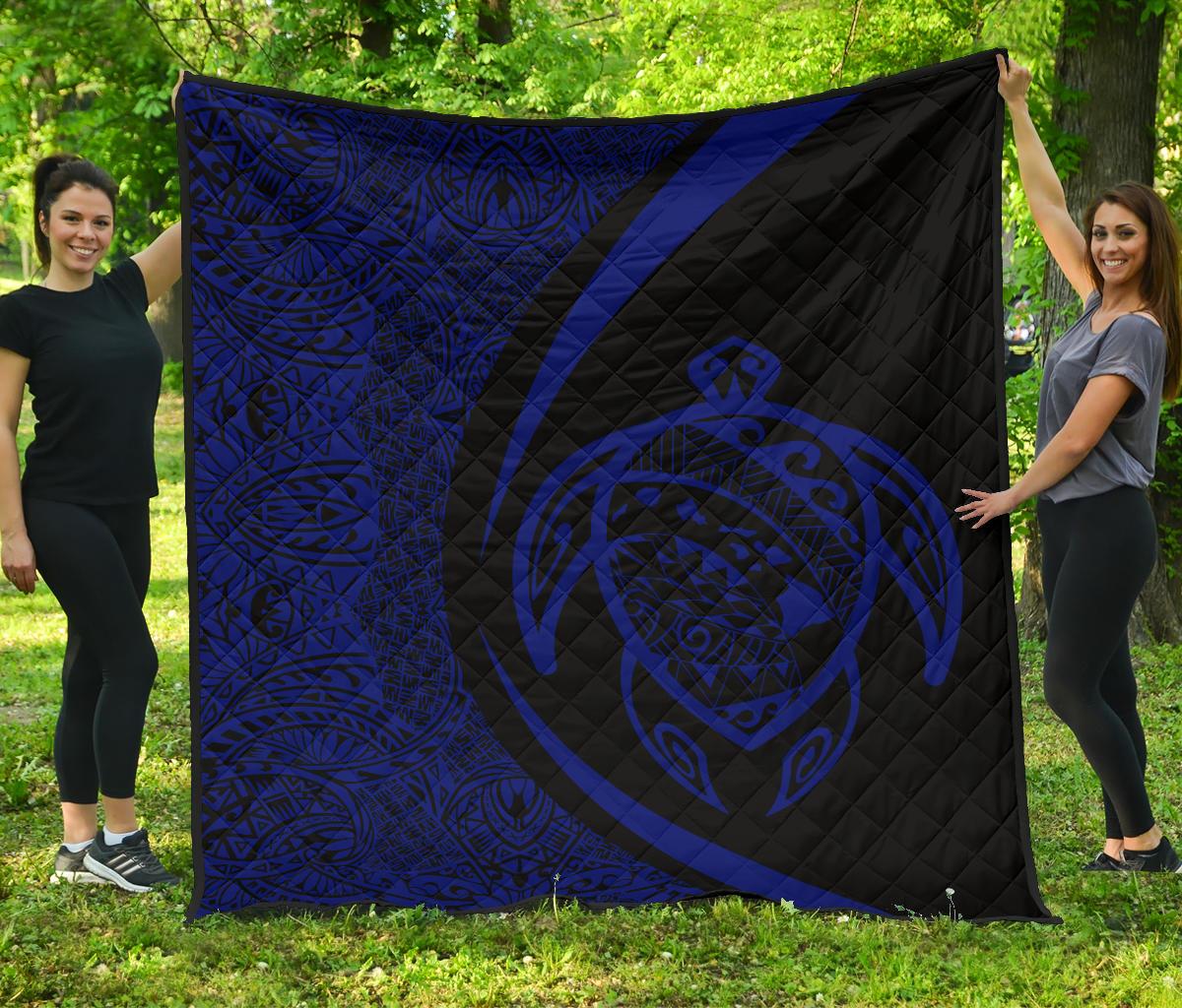 Hawaii Turtle Map Polynesian Premium Quilt - Blue - Circle Style Blue - Polynesian Pride