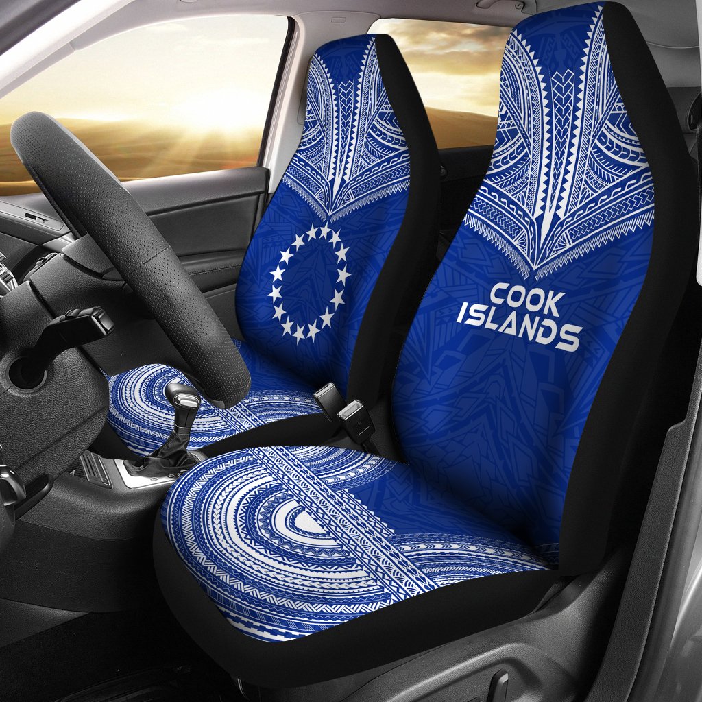 Cook Islands Car Seat Cover - Cook Islands Flag Polynesian Chief Tattoo Blue Version Universal Fit Blue - Polynesian Pride