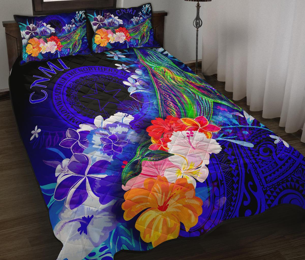 CNMI Quilt Bed Set - Humpback Whale with Tropical Flowers (Blue) Blue - Polynesian Pride