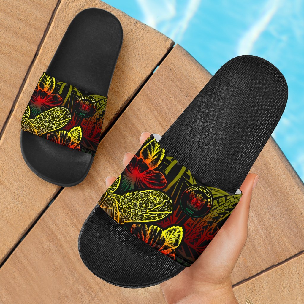 Niue Slide Sandals - Turtle Hibiscus Pattern Reggae Black - Polynesian Pride