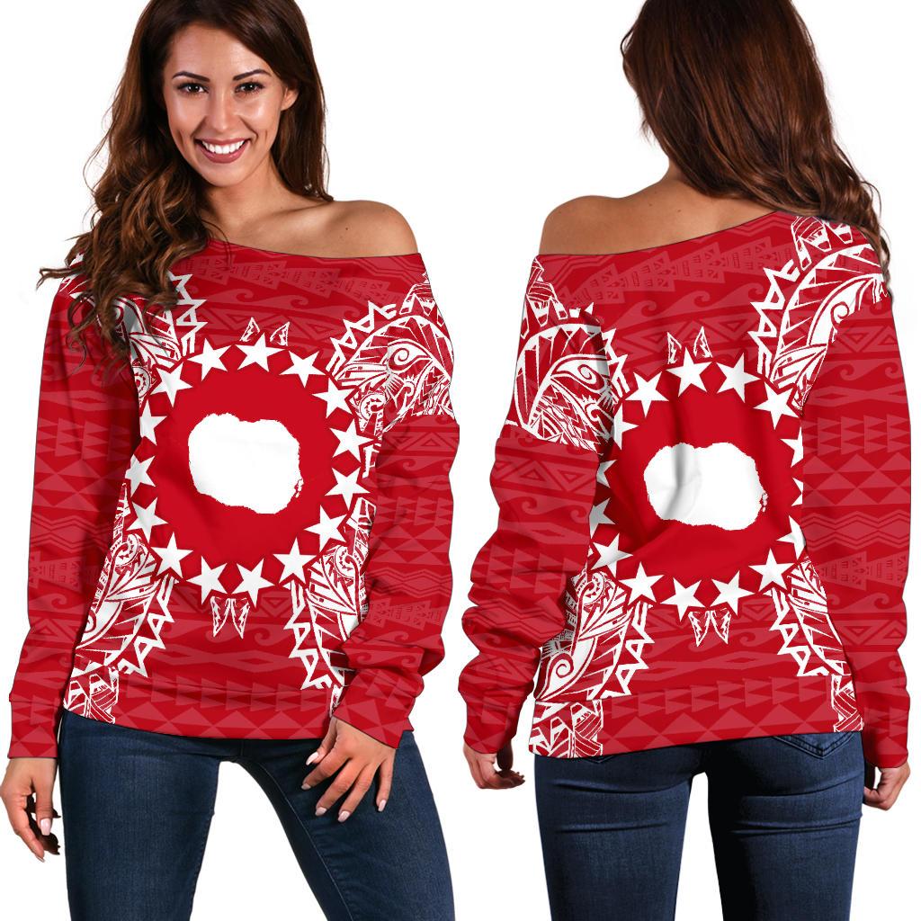 Cook Islands Polynesian Shoulder Sweater Map Red White Red - Polynesian Pride