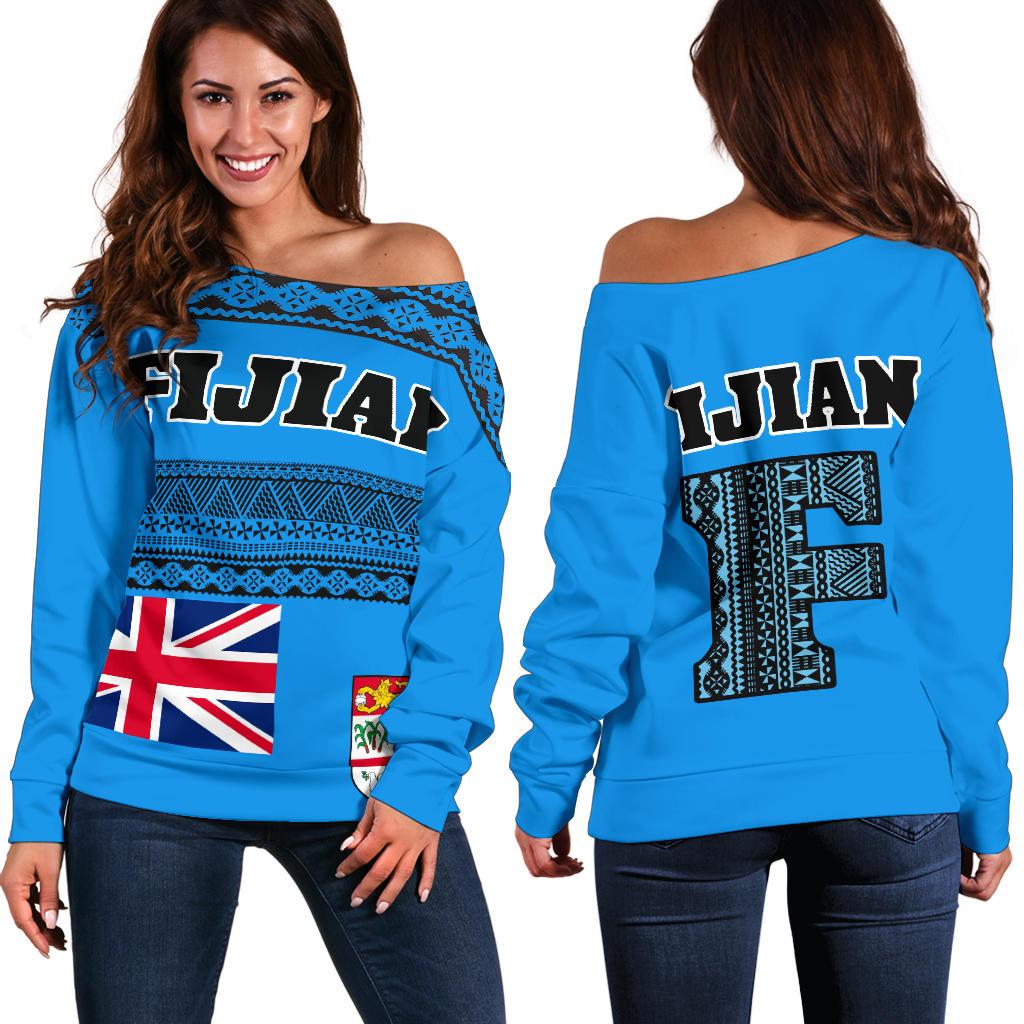 Fijian Women's Off Shoulder Sweater - Tapa Pattern Blue - Polynesian Pride