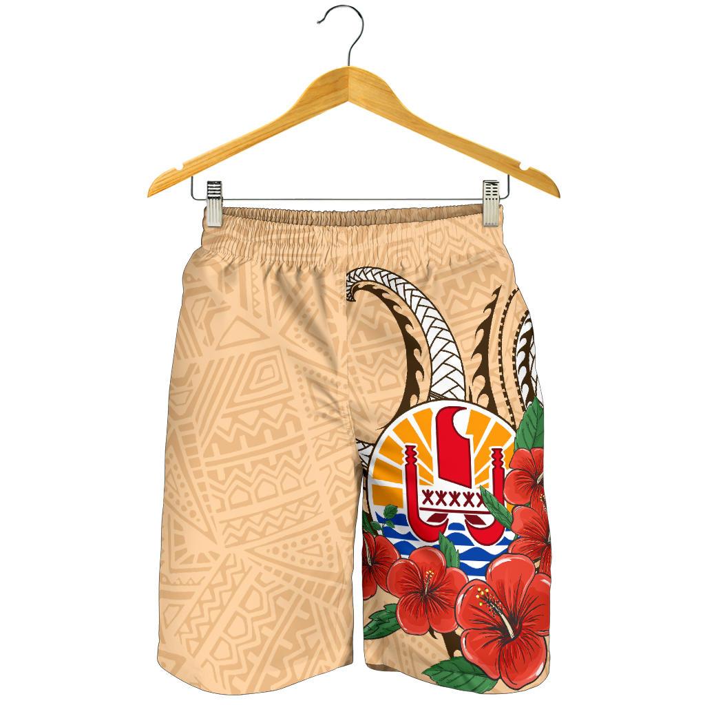 Tahiti Polynesian Men Shorts - Hibiscus Coat of Arm Beige - Polynesian Pride