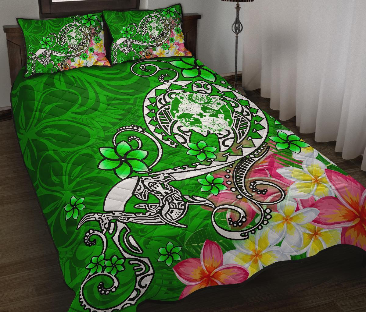 Tonga Quilt Bed Set - Turtle Plumeria (Green) Green - Polynesian Pride