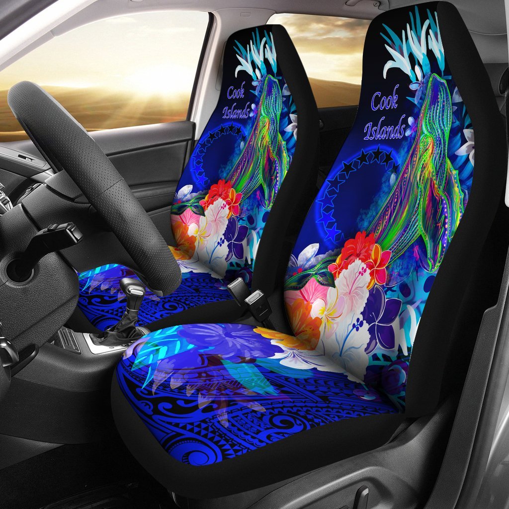 Cook Islands Car Seat Covers - Humpback Whale with Tropical Flowers (Blue) Universal Fit Blue - Polynesian Pride