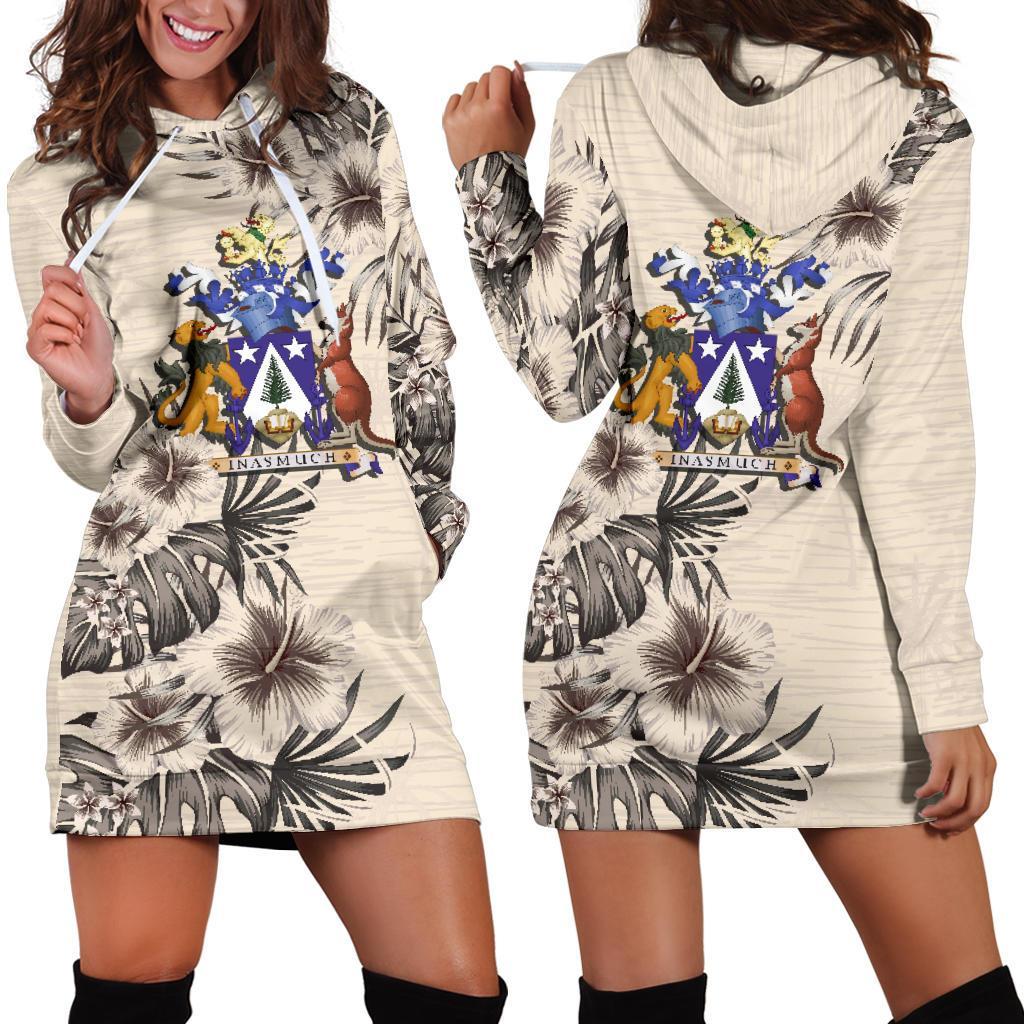 Norfolk Island Hoodie Dress - Norfolk Island Coat Of Arms & Beige Hibiscus White - Polynesian Pride