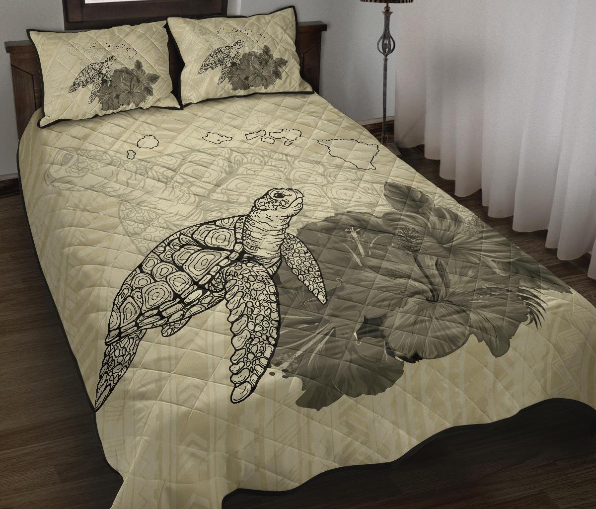 Hawaii Polynesian Hibiscus Turtle Map Quilt Bed Set - AH - Beige - Polynesian Pride