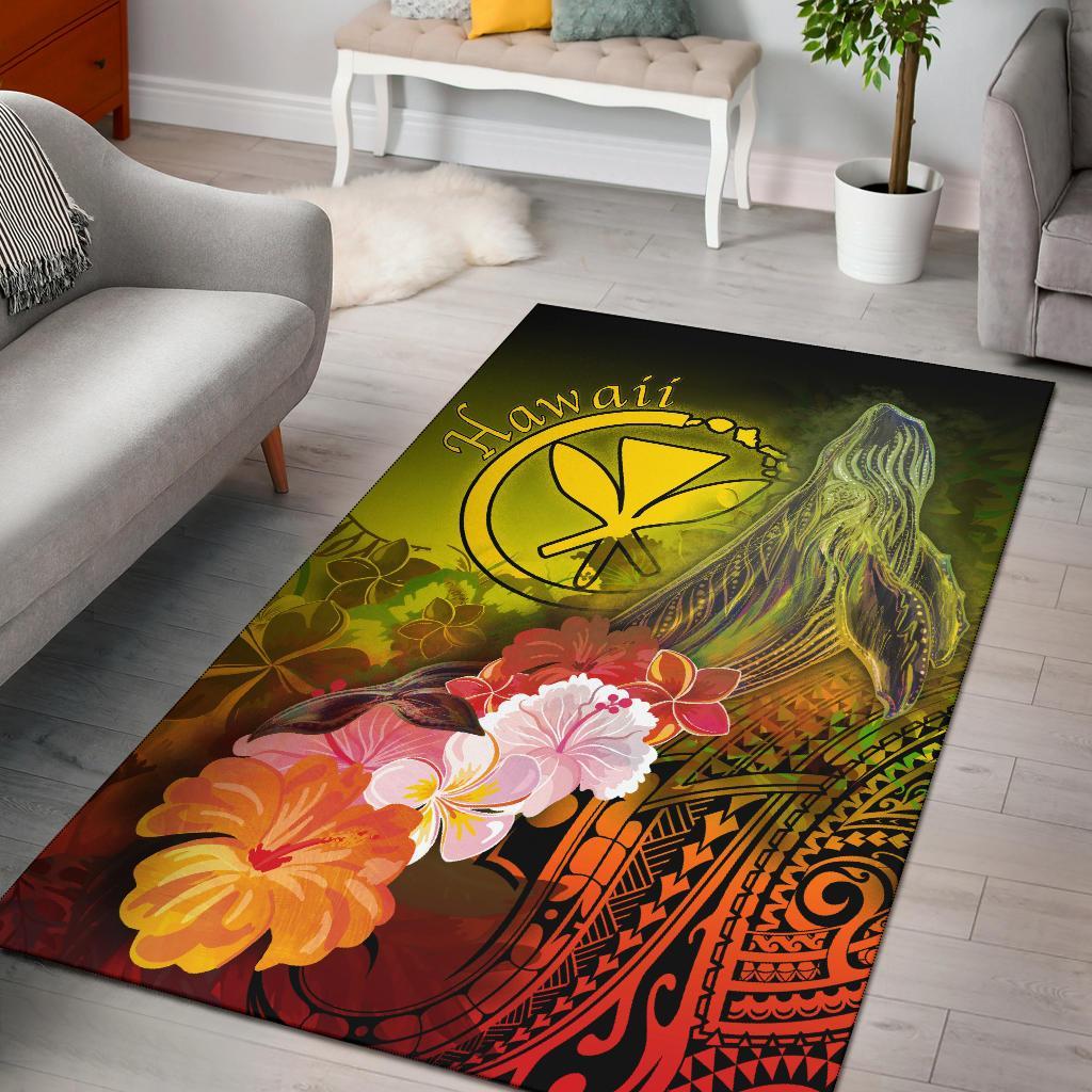 Polynesian Hawaii Area Rugs - Kanaka Maoli Humpback Whale with Tropical Flowers (Yellow) Yellow - Polynesian Pride