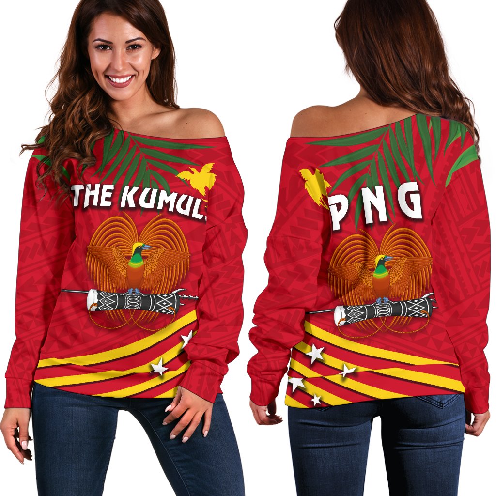 Papua New Guinea Rugby Off Shoulder Sweater Coconut Leaves - The Kumuls Red - Polynesian Pride