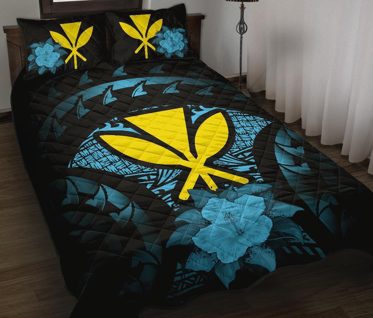 Kanaka Maoli (Hawaii) Polynesian Quilt Bed Set Hibiscus Blue Black - Polynesian Pride