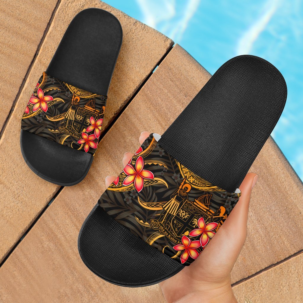 Fiji Coat of Arm Slide Sandals - Gold Plumeria Black - Polynesian Pride