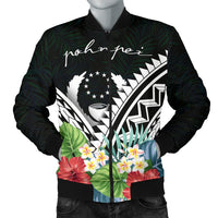 Pohnpei Men's Bomber Jacket - Pohnpei Caledonia Coat of Arms & Polynesian Tropical Flowers White White - Polynesian Pride