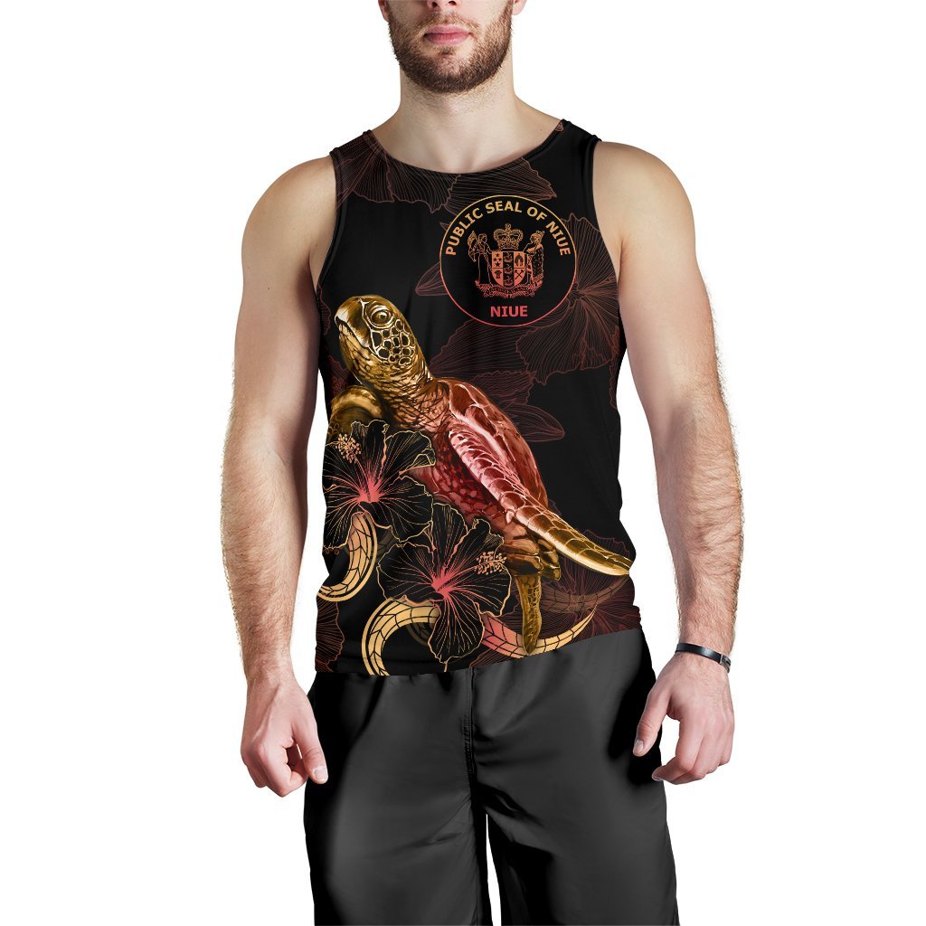 Niue Men Tank Top - Turtle With Blooming Hibiscus Gold - Polynesian Pride