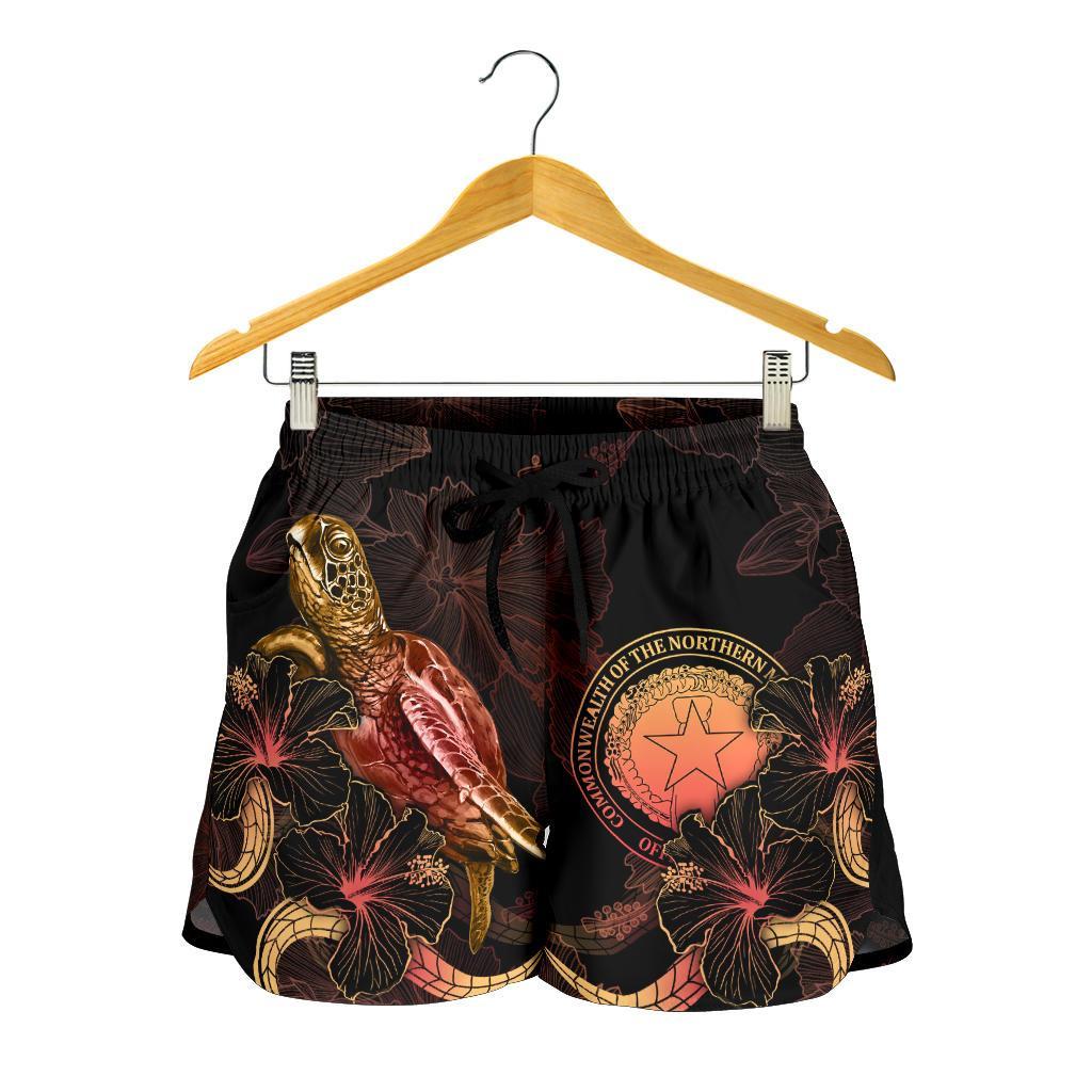 CNMI Polynesian Women's Shorts - Turtle With Blooming Hibiscus Gold - Polynesian Pride