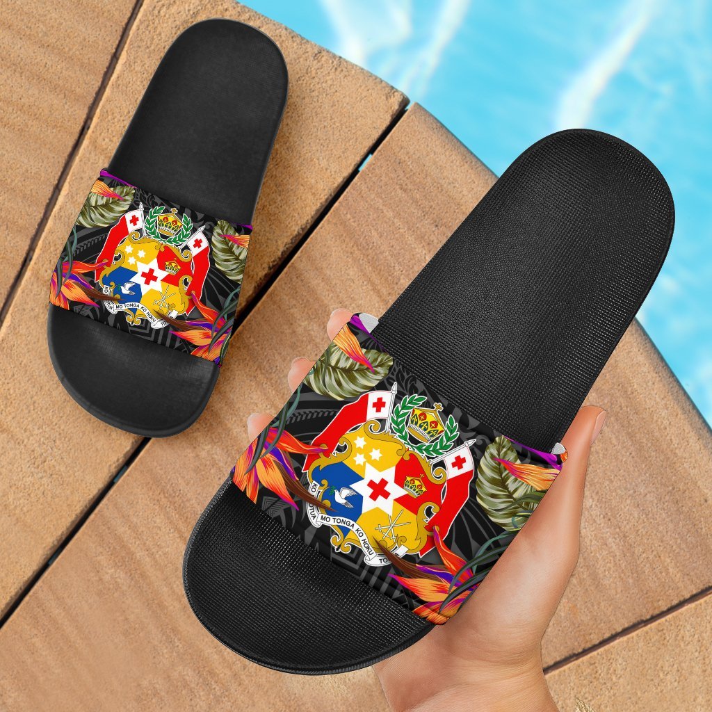 Tonga Slide Sandals - Polynesian Hibiscus Pattern Black - Polynesian Pride