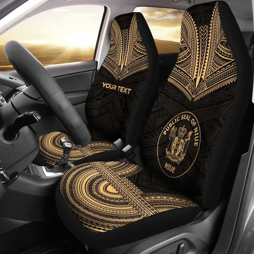 Niue Custom Personalised Car Seat Cover - Niue Seal Polynesian Chief Tattoo Gold Version Universal Fit Gold - Polynesian Pride