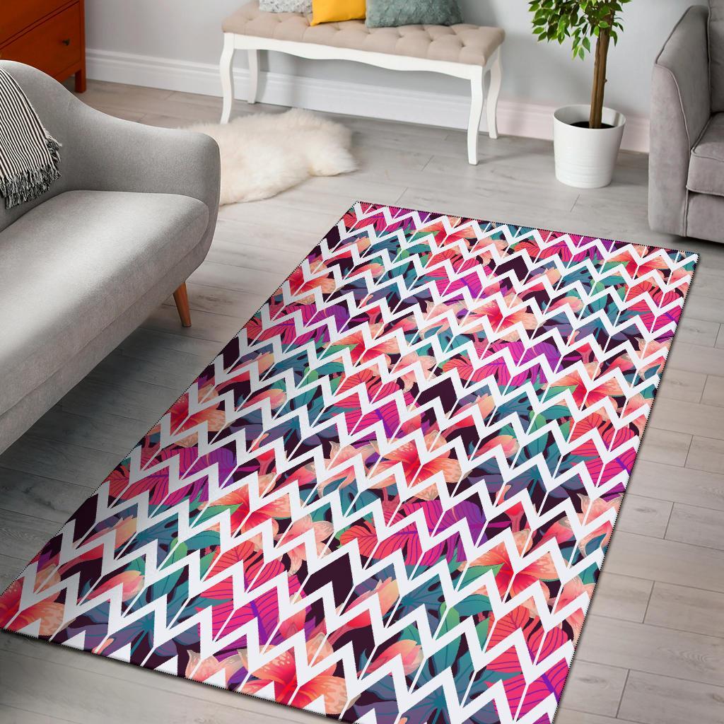 Palm Foliage On Striped Zigzag Rug Black - Polynesian Pride