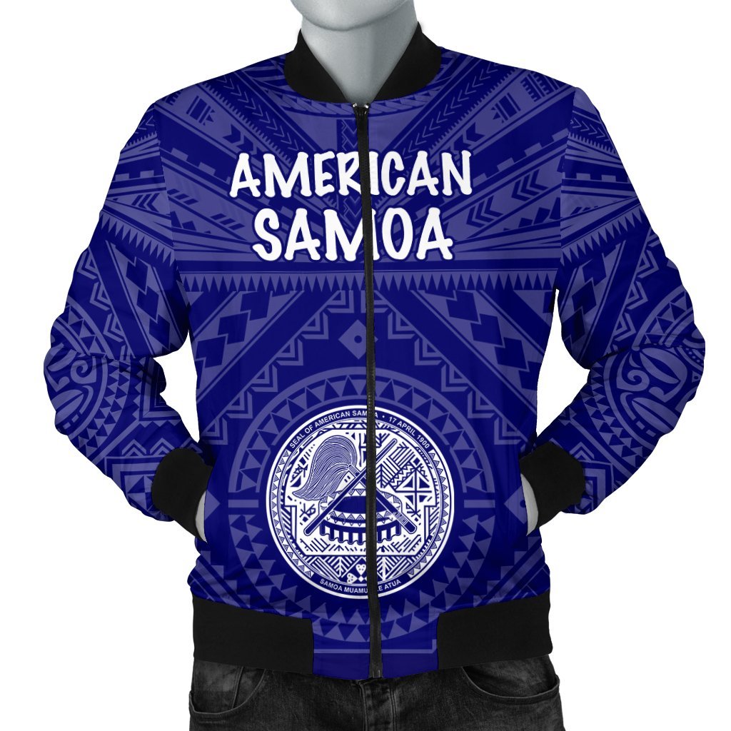 American Samoa Men's Bomber Jacket - Seal In Polynesian Tattoo Style ( Blue) Blue - Polynesian Pride