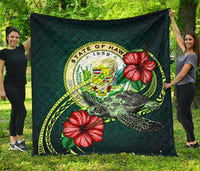 Hawaii Polynesian Premium Quilt - Green Turtle Hibiscus Green - Polynesian Pride