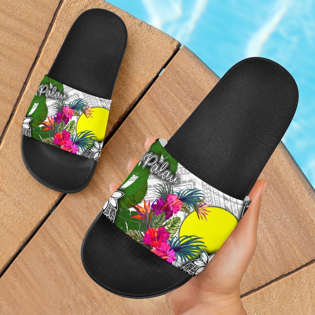 Palau Slide Sandals - Turtle Plumeria Banana Leaf Black - Polynesian Pride