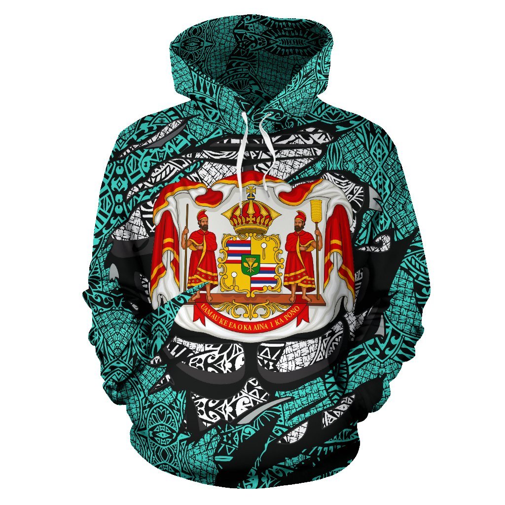 Polynesian Kanaka Maoli Royal Coat of Arms Hawaii Hoodie Turquoise - Polynesian Pride