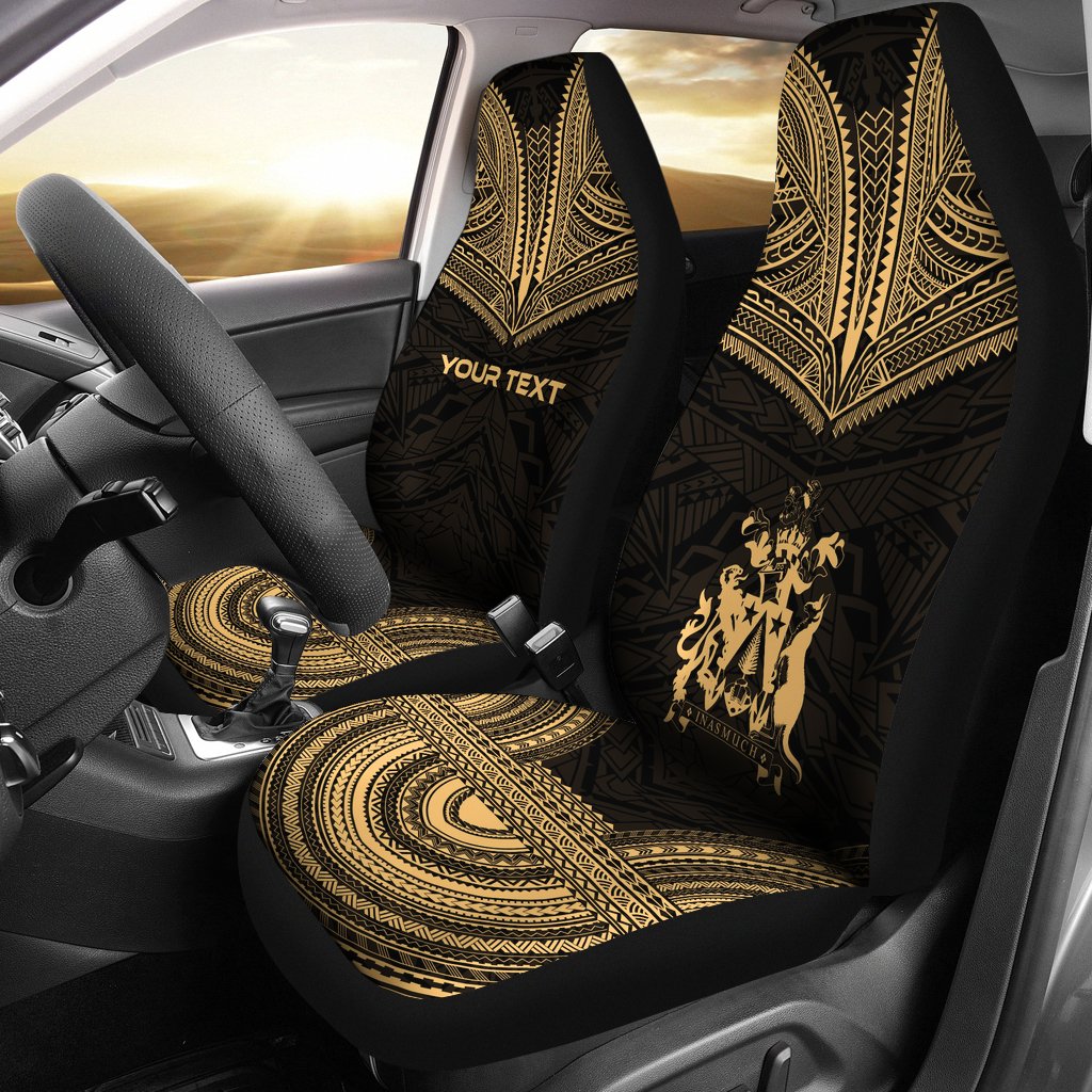 Norfolk Island Custom Personalised Car Seat Cover - Norfolk Island Coat Of Arms Polynesian Chief Tattoo Gold Version Universal Fit Gold - Polynesian Pride