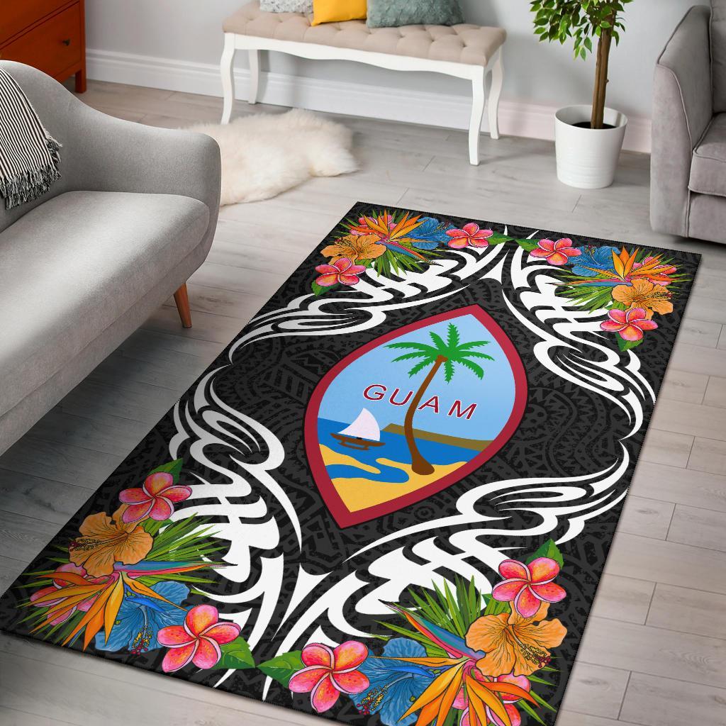 Guam Area Rug - Coat OfArmsWith Tropical Flowers Black - Polynesian Pride