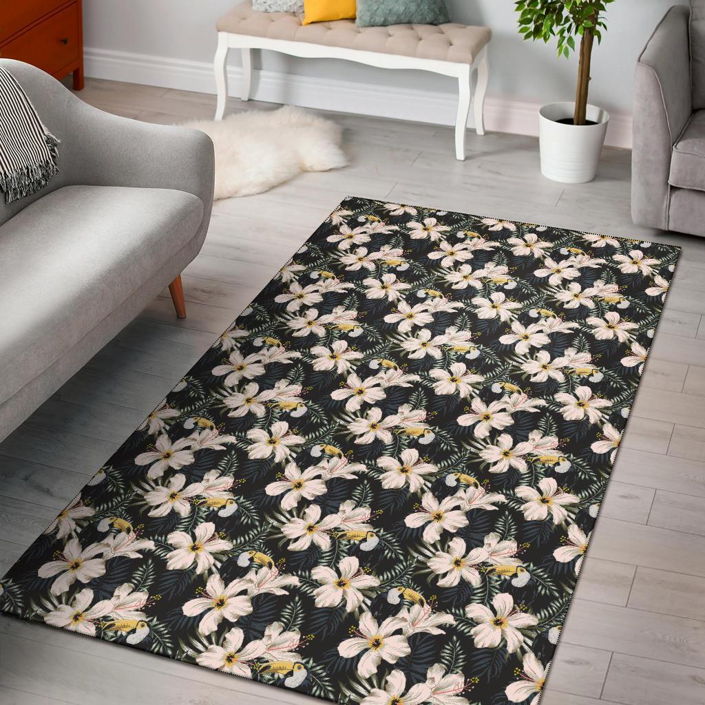 Tropical Toucans Hibiscus Palm Leaves Rug Black - Polynesian Pride