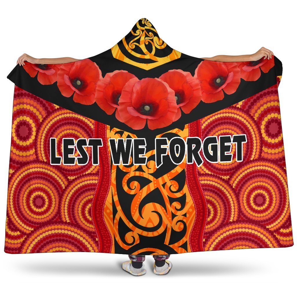 Anzac Lest We Forget Poppy Hooded Blanket New Zealand Maori Silver Fern - Australia Aboriginal Hooded Blanket Red - Polynesian Pride