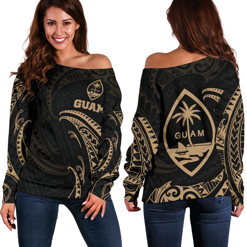 Guam Polynesian Women's Off Shoulder Sweater - Gold Tribal Wave Black - Polynesian Pride