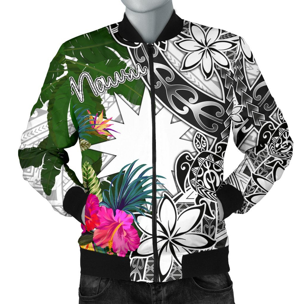 Nauru Men's Bomber Jacket White - Turtle Plumeria Banana Leaf White - Polynesian Pride