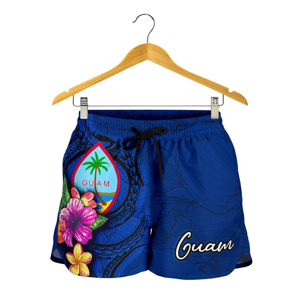 Guam Polynesian Women's Shorts - Floral With Seal Blue - Polynesian Pride